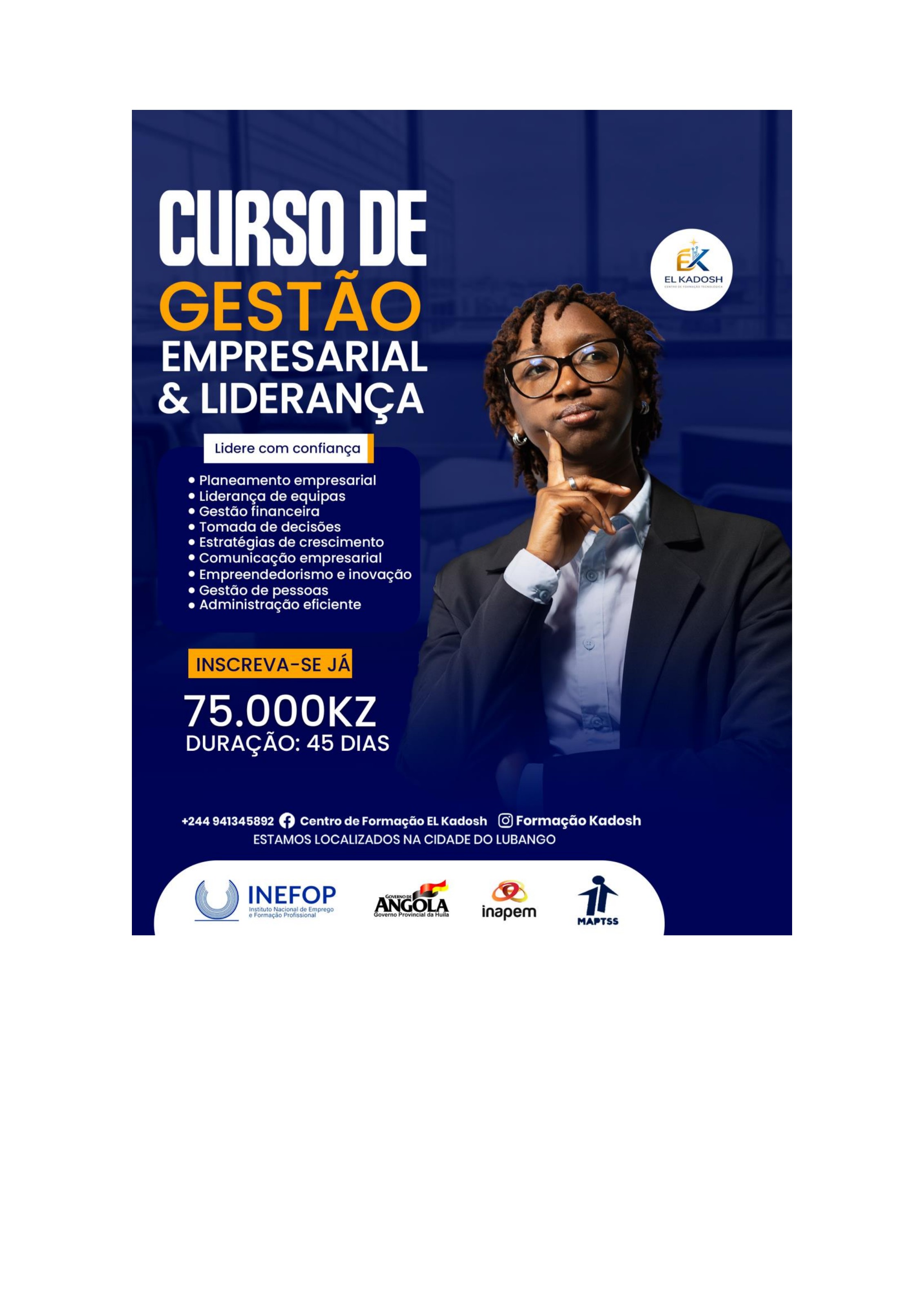 Flyer do curso de Gestão Empresarial e Liderança — El Kadosh Lubango