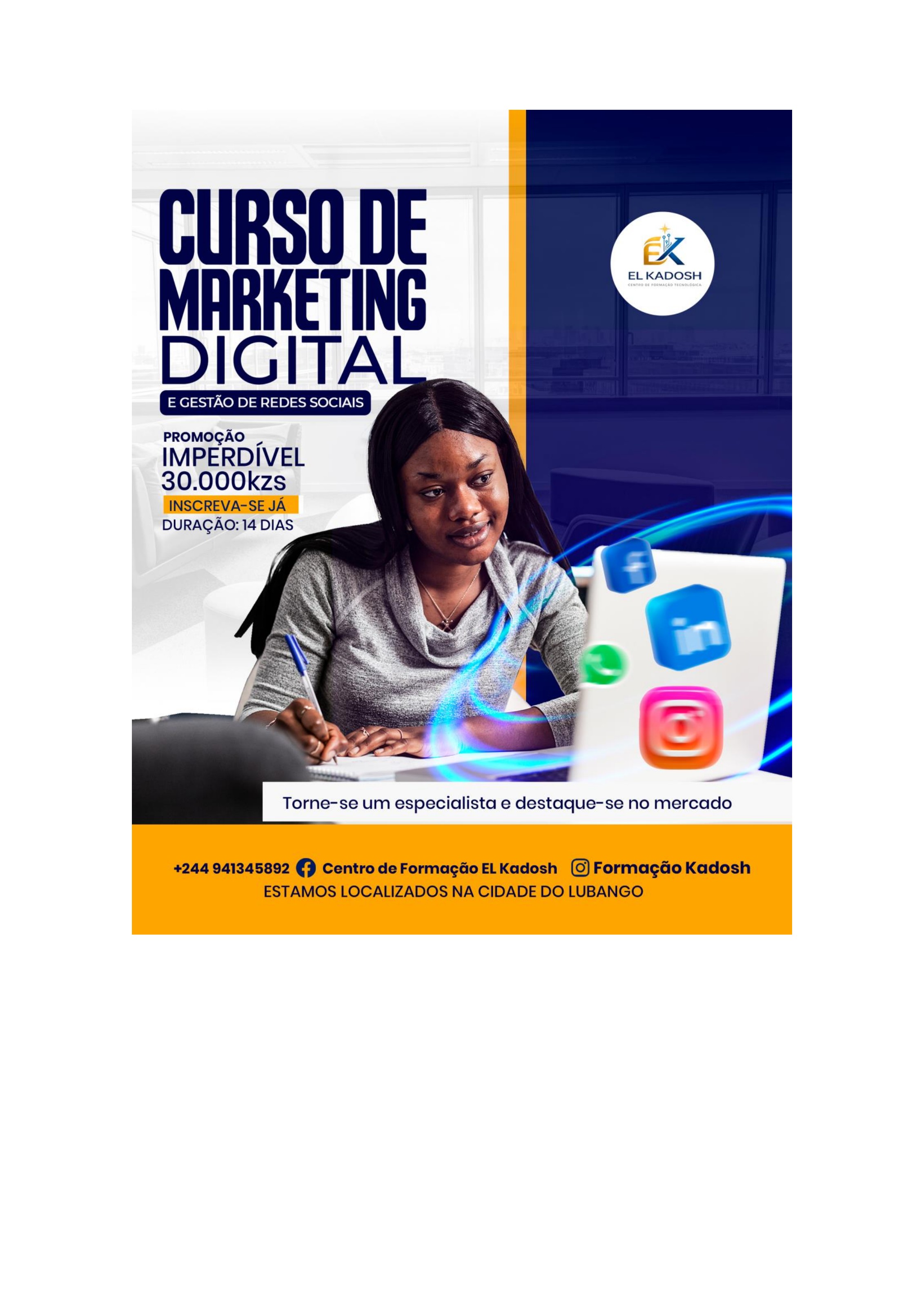 Flyer do curso de Marketing Digital e Gestão de Redes Sociais — El Kadosh Lubango