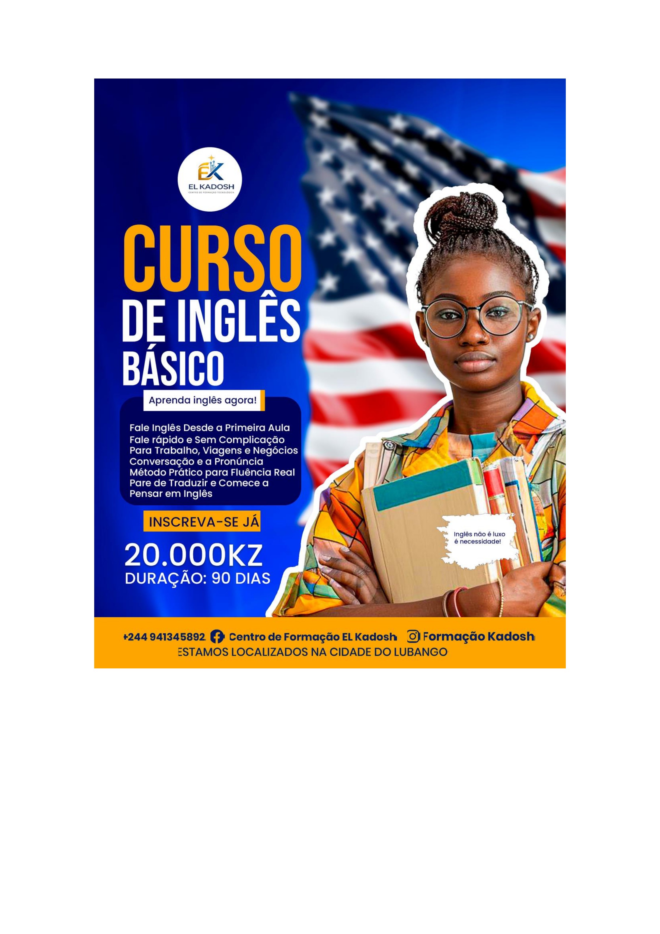 Flyer do curso de Inglês Básico — El Kadosh Lubango