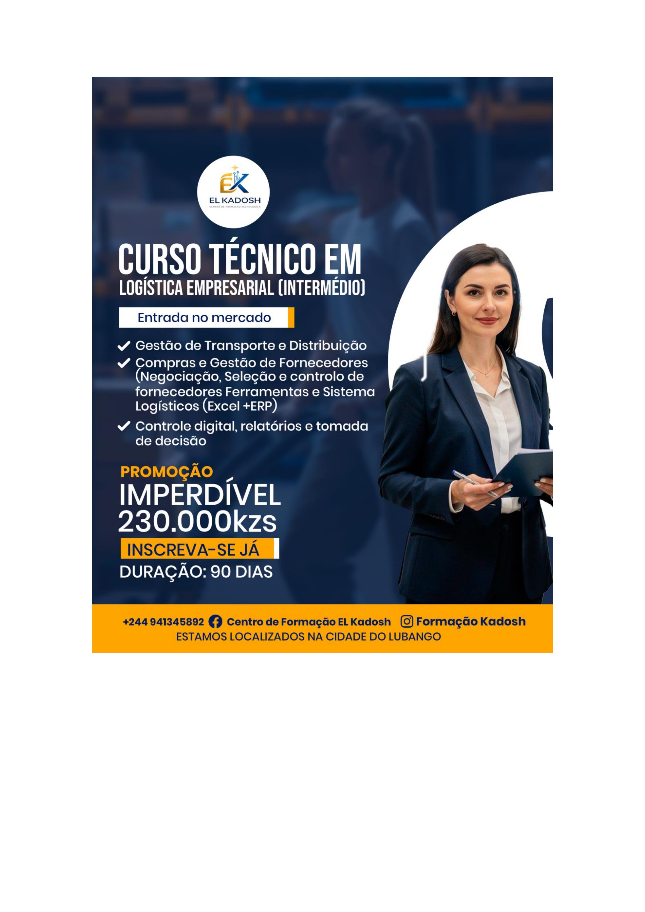 Flyer do curso de Técnico em Logística Empresarial (Intermédio) — El Kadosh Lubango