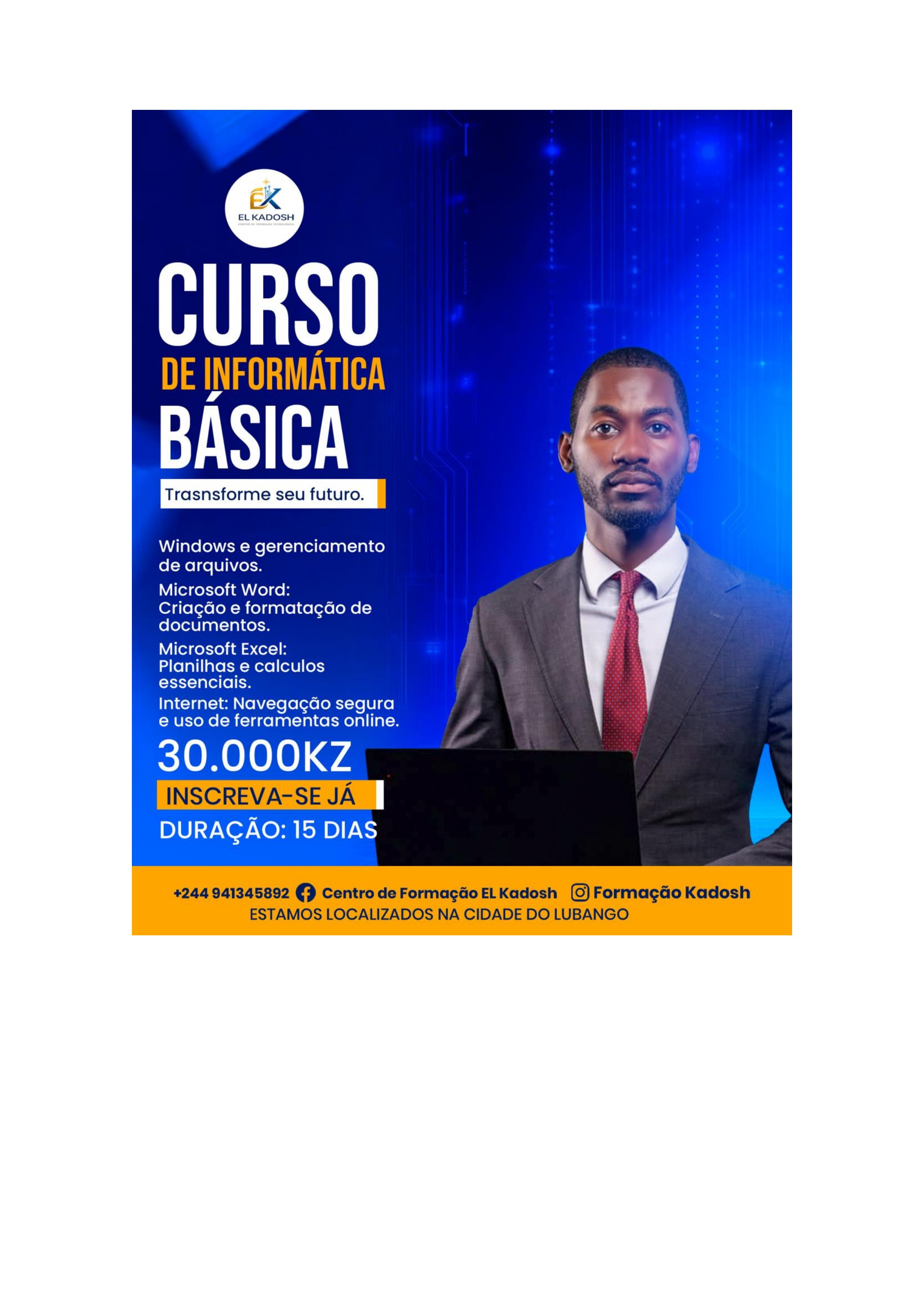 Flyer do curso de Informática Básica — El Kadosh Lubango