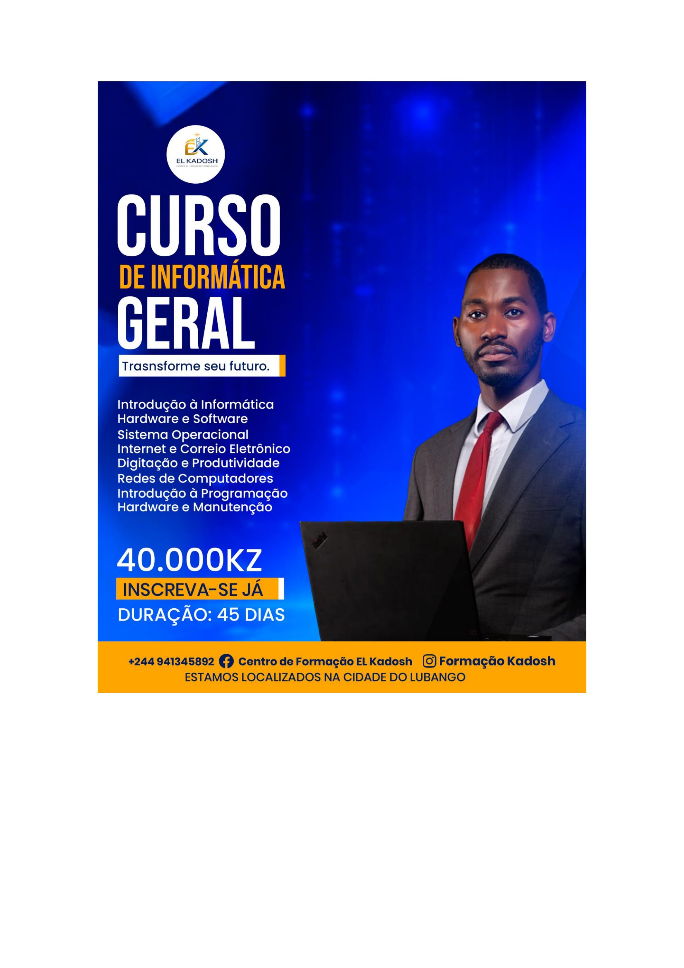 Flyer do curso de Informática Geral — El Kadosh Lubango