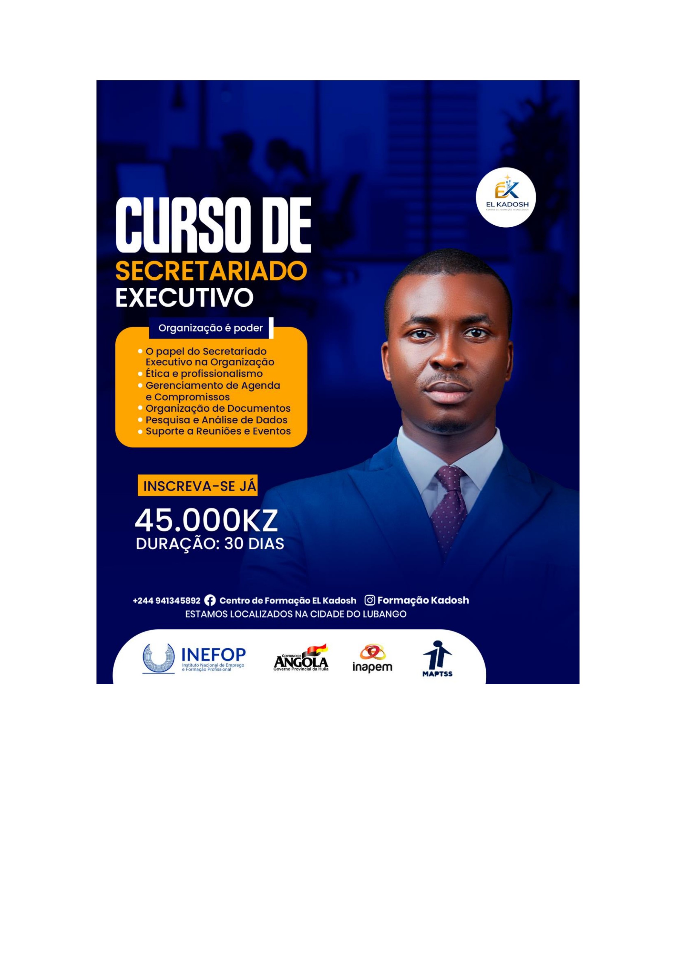 Flyer do curso de Secretariado Executivo — El Kadosh Lubango