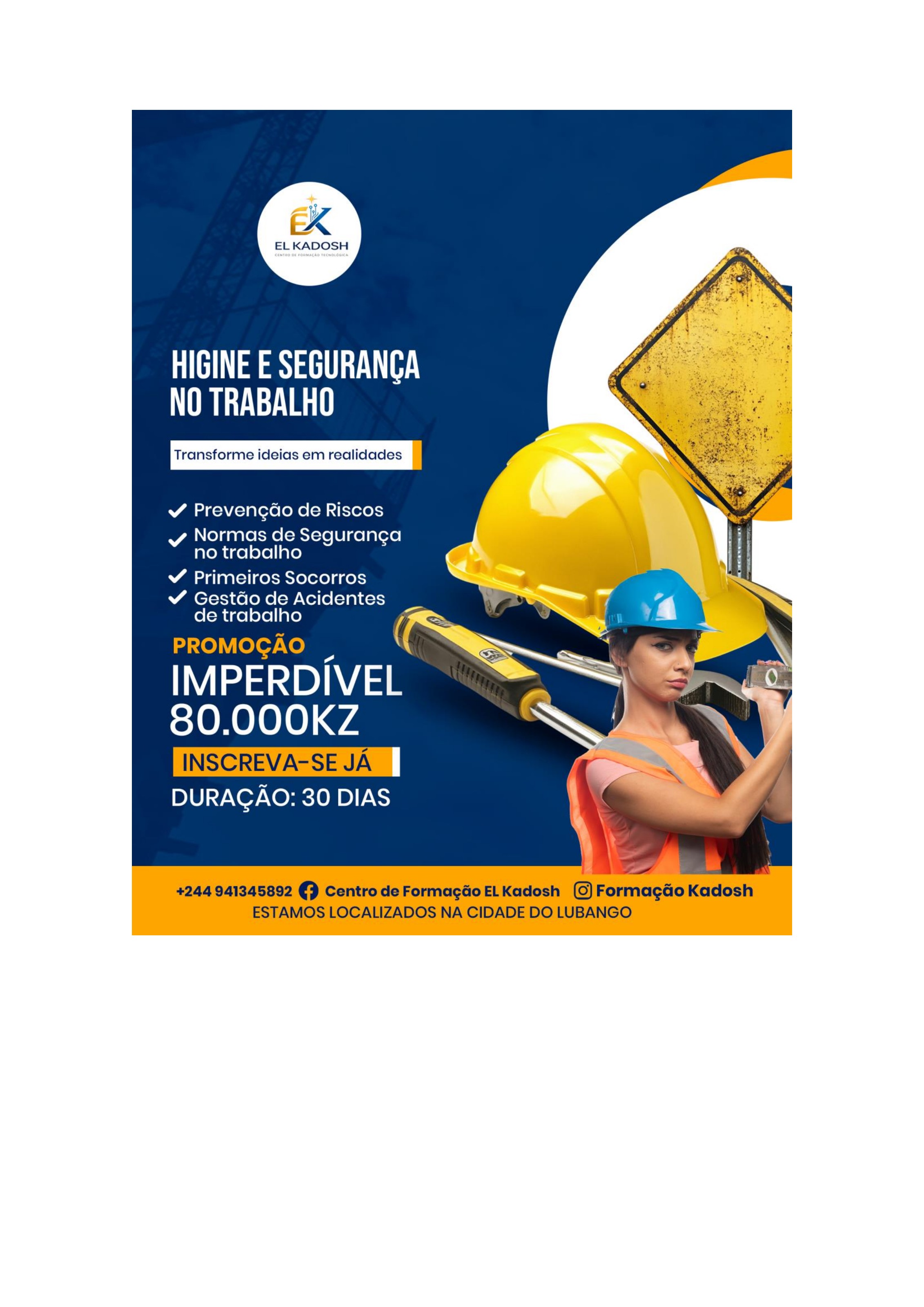 Flyer do curso de Higiene e Segurança no Trabalho — El Kadosh Lubango