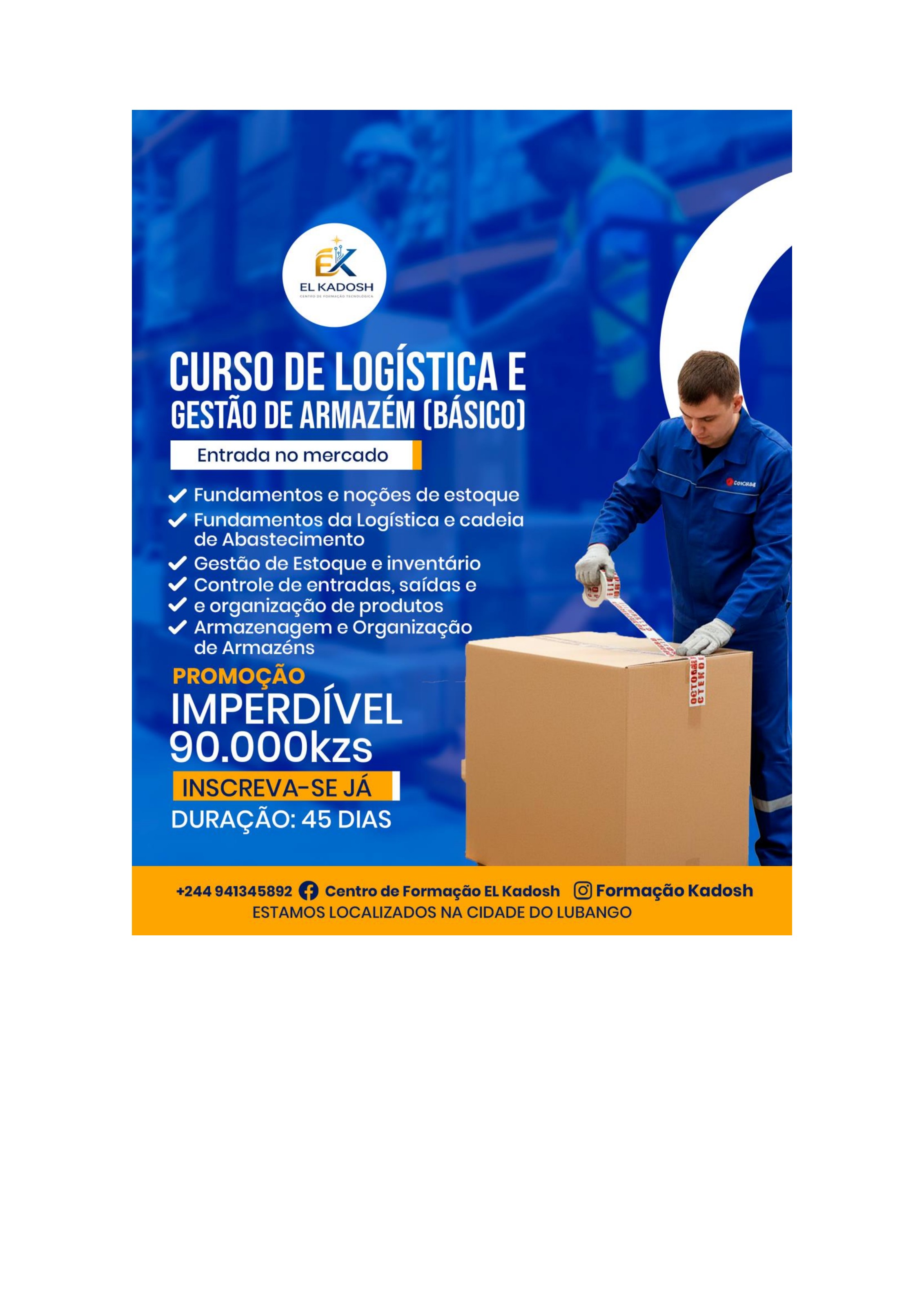 Flyer do curso de Logística e Gestão de Armazém (Básico) — El Kadosh Lubango