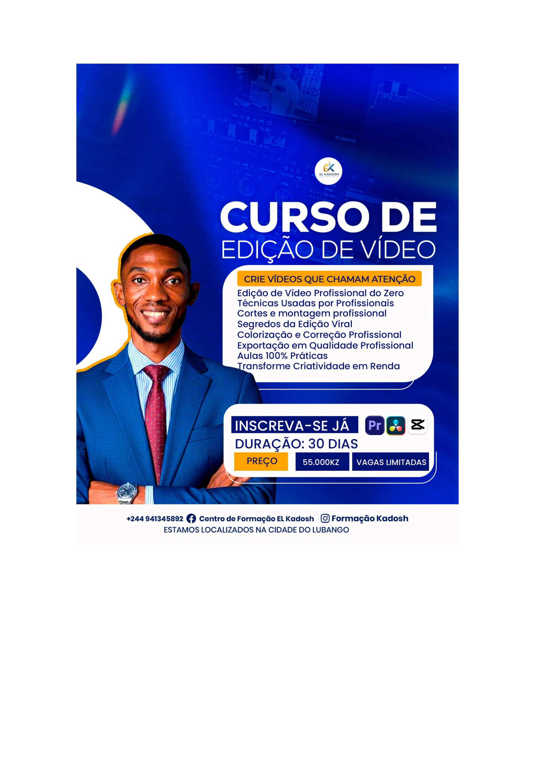 Flyer do curso de Edição de Vídeo — El Kadosh Lubango