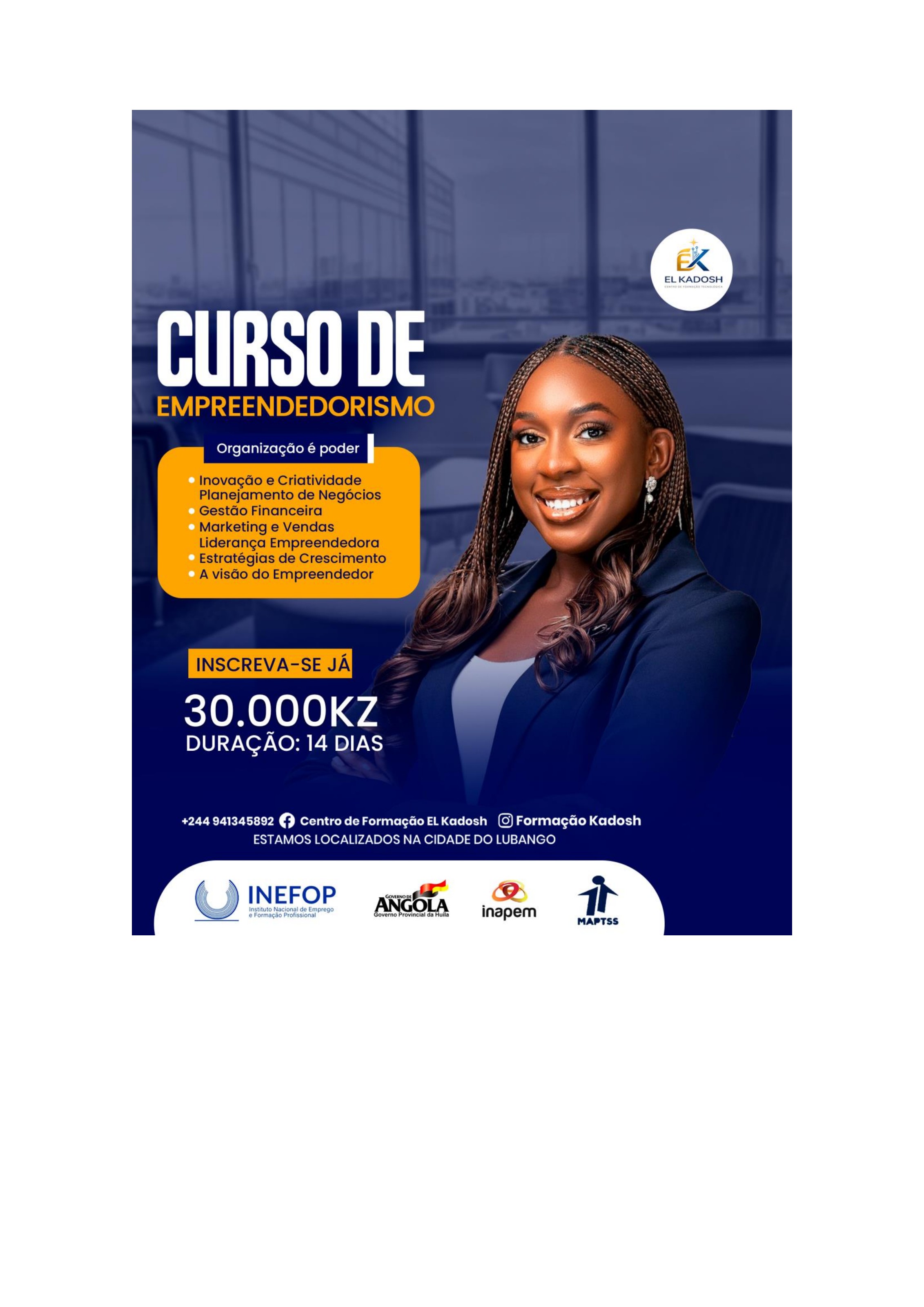 Flyer do curso de Empreendedorismo — El Kadosh Lubango