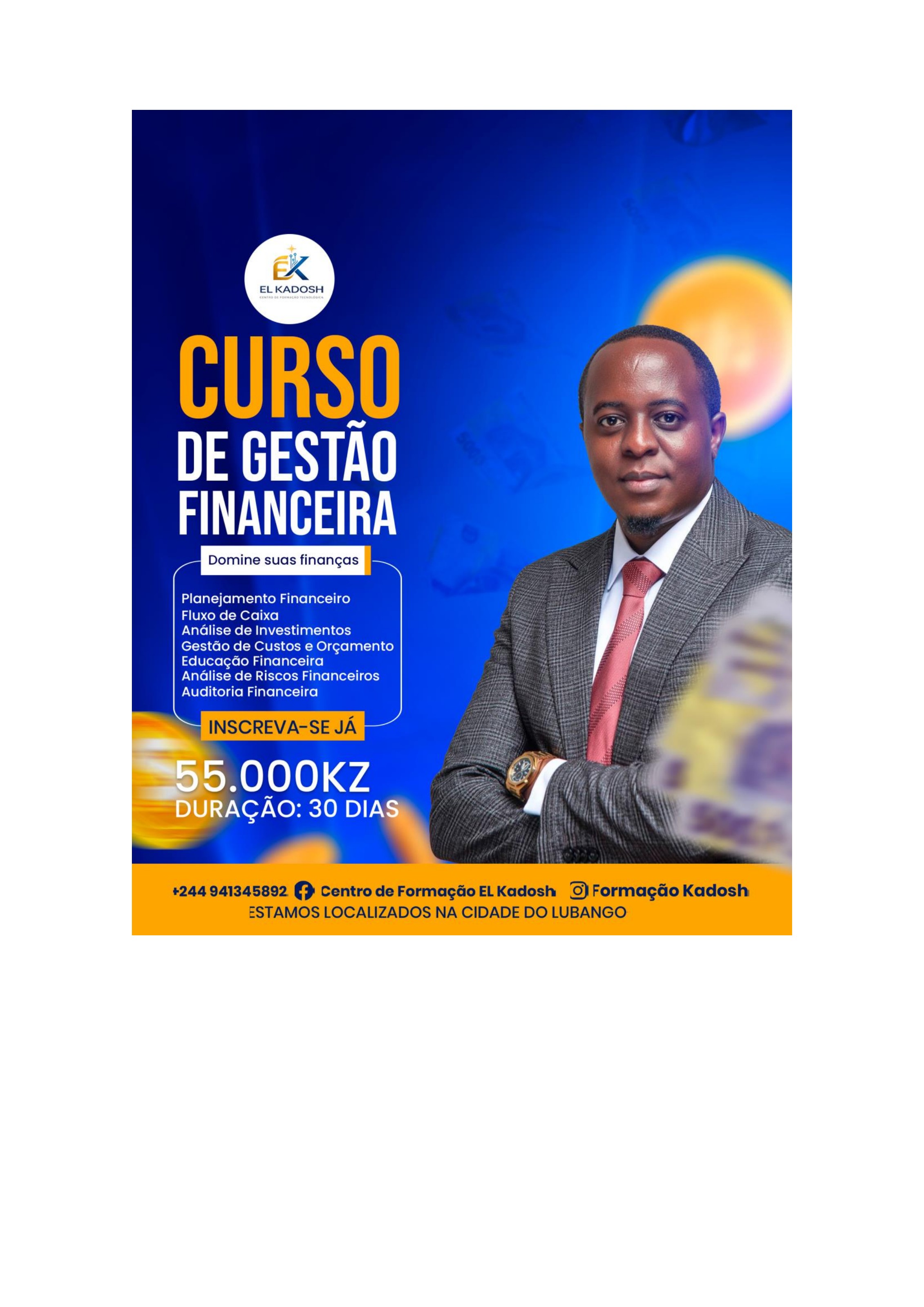 Flyer do curso de Gestão Financeira — El Kadosh Lubango