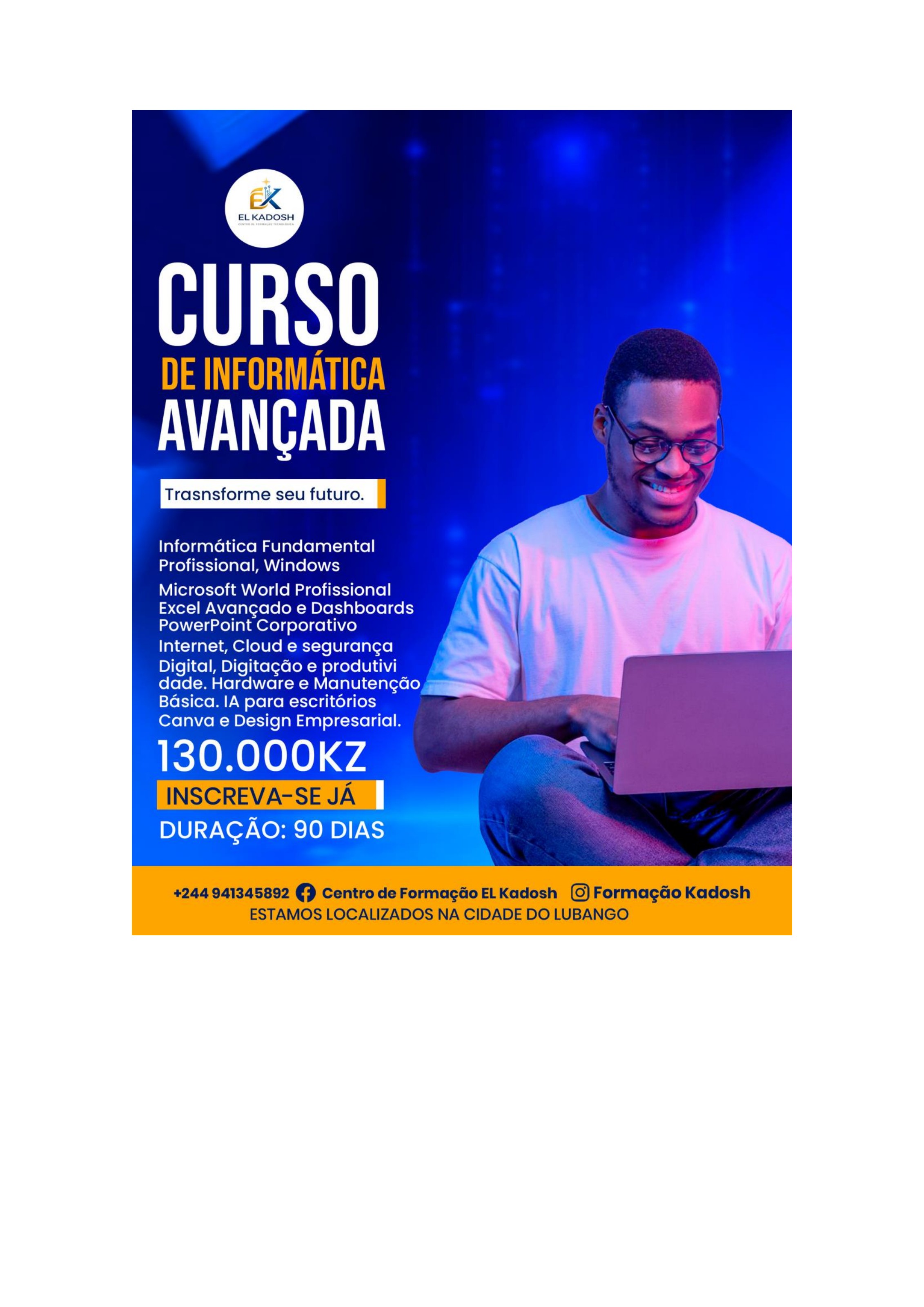 Flyer do curso de Informática Avançada — El Kadosh Lubango