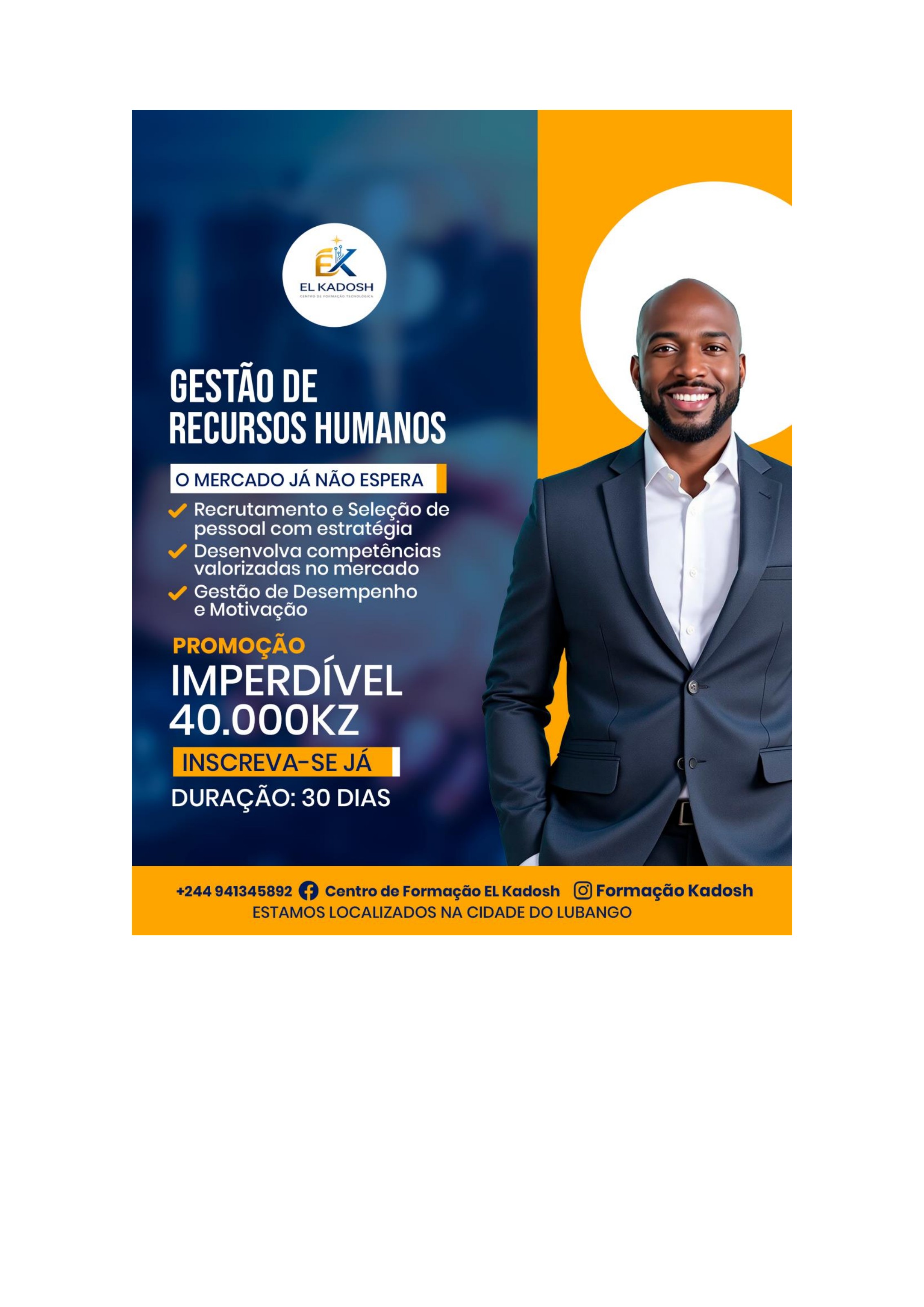 Flyer do curso de Gestão de Recursos Humanos — El Kadosh Lubango
